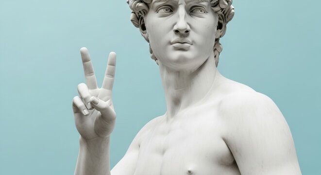 Humorous pop art concept of the classic marble statue of David making a peace sign against a solid light blue background.