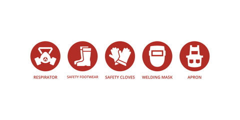 Set of health safety icons and caution signs illustrating equipment warnings, workplace hazards, protective gear and compliance symbols for industrial use