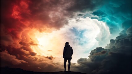 Fototapeta premium A lone figure stands, looking up at a vibrant sky with red and blue swirling clouds and a bright central opening.