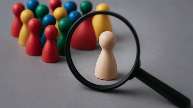 Magnifying glass examining wooden figure talent search recruitment process human resource