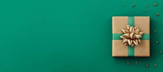 Overhead shot of a golden gift box with a green ribbon on a green background with gold confetti