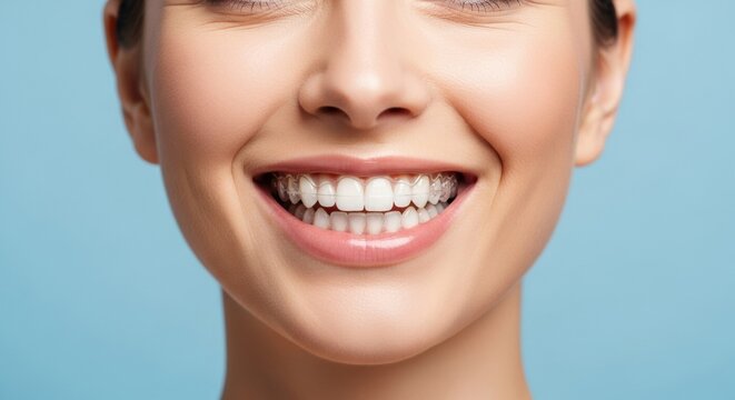 Extreme close-up of a woman's smile with clear braces or retainers on her straight, white teeth. Orthodontic and dental care concept.