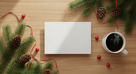 Festive christmas scene with blank card, pine branches, coffee, berries and pinecones on wooden surface
