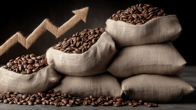Sacks filled with coffee beans with an upward arrow, depicting commodity market growth profitability and agricultural business success.
