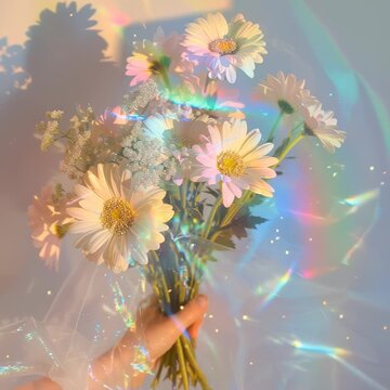 Aesthetic video still of daisies in soft focus, captured from a low angle. Dreamy light effects create a rainbow glow around the flowers.