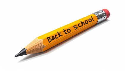 A yellow pencil with "Back to school" text, rests on a white surface, creating a shadow. Sharp pencil point shows fine details