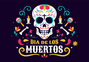 Dia de los Muertos or Day of the Dead Vector Illustration featuring a Skeleton Playing Music, Wearing a Sombrero and Traditional Mexican Costume