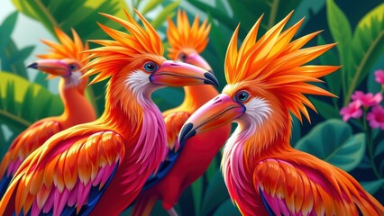 Colorful tropical birds with vibrant orange feathers and spiky crests gather in lush green jungle, creating lively and exotic atmosphere