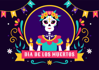 Dia de los Muertos or Day of the Dead Vector Illustration featuring a Skeleton Playing Music, Wearing a Sombrero and Traditional Mexican Costume