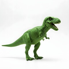 Obraz premium Lifelike green Tyrannosaurus Rex dinosaur model in a threatening stance with sharp teeth, captured against a pure white background
