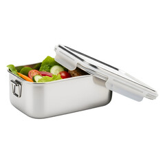 Salad Sits in Stainless Steel Lunchbox with Lid Ajar on Transparent Background Still Life