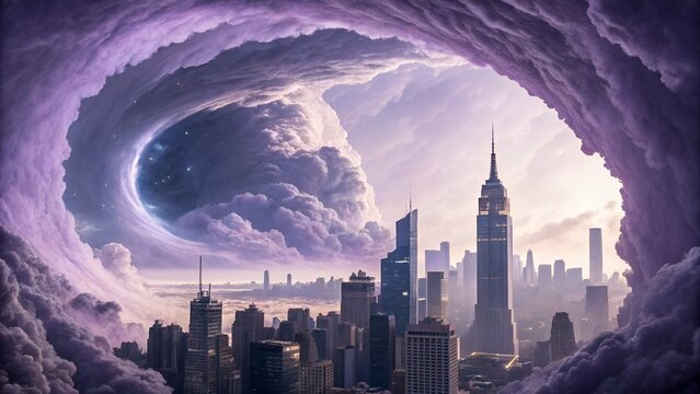 Swirling purple clouds frame a modern city skyline. A glowing cosmic vortex opens mysteriously in the dramatic, ethereal sky above the tall urban buildings.