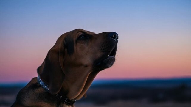 Hound dog howling against a vibrant twilight sky, capturing animal communication and instinct in nature