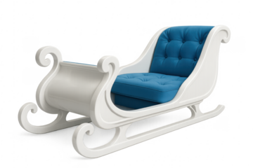 White christmas sleigh with blue upholstery on transparent background