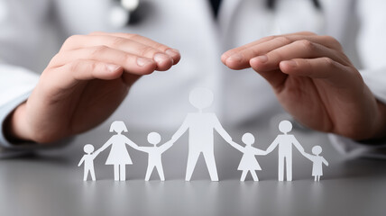 A protective healthcare coverage scene where a doctor shelters a paper cut family, representing health insurance, preventive care, and secure family support.
