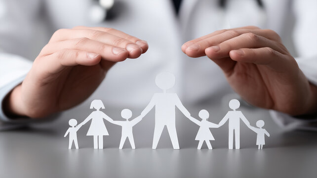 A protective healthcare coverage scene where a doctor shelters a paper cut family, representing health insurance, preventive care, and secure family support.
