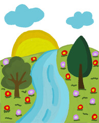 Scenic landscape with river, trees, flowers, sun and clouds