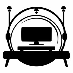 Silhouette of a futuristic computer setup with a monitor on a stand within a circular frame, suggesting advanced technology or a virtual reality experience.