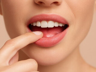 Obraz premium Close-up of a person with natural lips gently touching their lower lip with a finger, showcasing smooth skin and white teeth in a soft, neutral setting