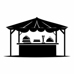 Silhouette of a food stall or market stand with covered dishes and serving utensils, set against a white background.