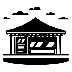 A stylized black and white illustration of a market stall or small shop with a peaked roof, awning, and display windows, set against a backdrop of stylized clouds.