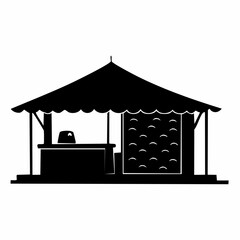 Silhouette of an open-air market stall with a counter and a decorative backdrop, suggesting a place for commerce or display.