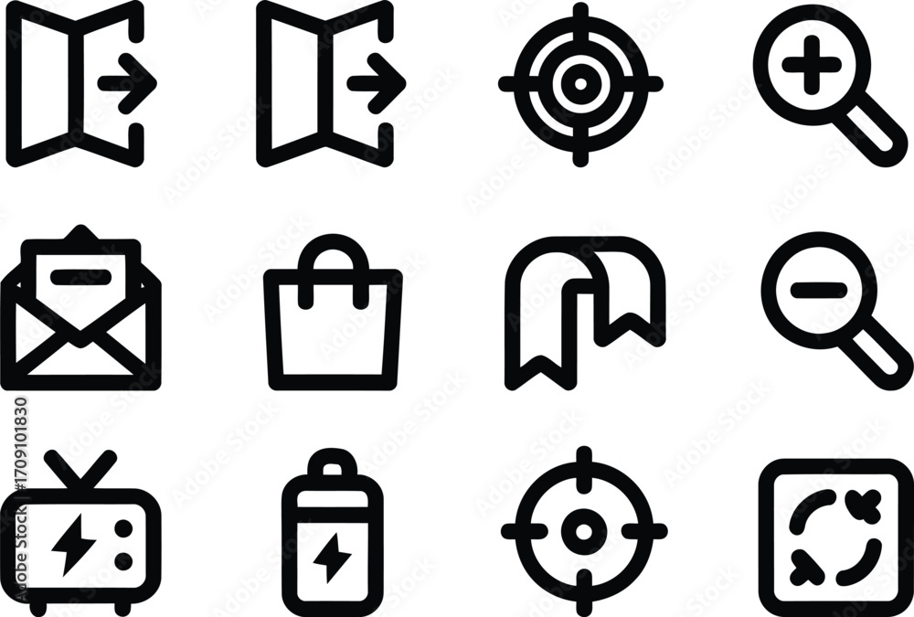 Poster collection of twelve distinct black and white icons with varied designs representing different funct