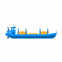 Side View of a Blue Cargo Ship Loaded with Timber