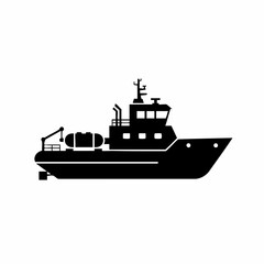 Silhouette of a Detailed Vessel with Antenna and Crane on Deck