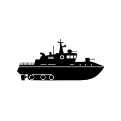 Silhouette of a military patrol boat with mounted guns and radar antenna