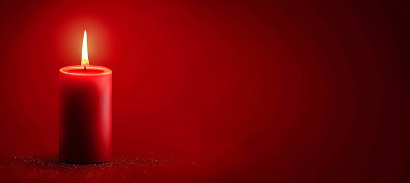 Burning red candle casting a warm glow on a dark red background, creating a cozy and inviting atmosphere