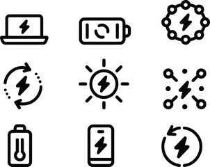 A Variety of Bold and Clear Black and White Energy and Battery Icons for Technology and Power Concepts Visual Collection
