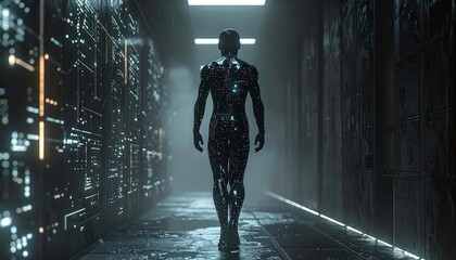 A futuristic, dark, and dimly lit hallway features a humanoid figure walking away, with tech-infused textures on walls & body