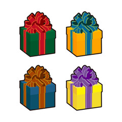 four gift boxes with colorful ribbons tied on top