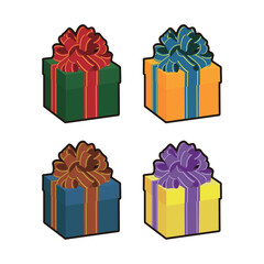 four gift boxes with colorful ribbons tied on top
