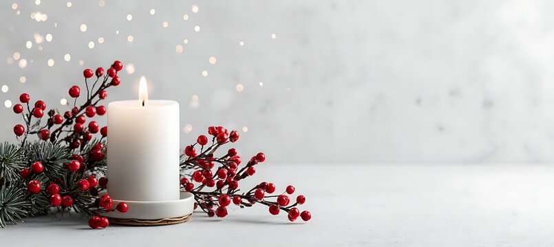 Festive candle with red berries and pine branches on a light background, perfect for christmas and winter holidays