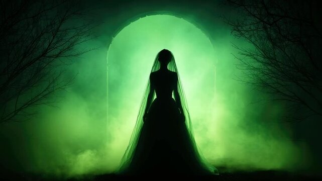Silhouette ghost bride in dark veil under arch with eerie green fog and horror atmosphere surrounded by bare tree branches and chilling spooky scene