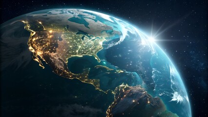 Obraz premium The vast Earth orbits in deep space, with a brilliant sun rising over its curved horizon, illuminating the planet's surface.