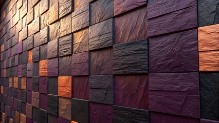 A decorative wall features a modern textured pattern of rectangular blocks in various shades of purple, orange, and dark colors, illuminated by warm light creating depth.