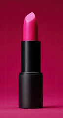 Obraz premium Magenta lipstick in a black tube against a vibrant magenta background. Close-up