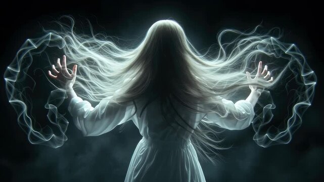 Ghost horror spirit supernatural mysterious eerie apparition phantom haunting dark fantasy glowing hands flowing hair white dress chilling atmosphere