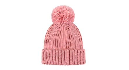 A cozy pink knitted beanie hat with a fluffy pompom, isolated on white background, perfect for...