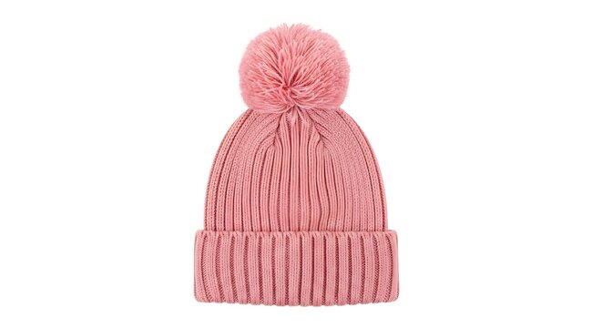 A cozy pink knitted beanie hat with a fluffy pompom, isolated on white background, perfect for winter fashion and warmth, showcasing its soft texture and stylish design for cold weather - Powered by Adobe