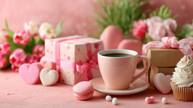 Sweet pink valentine s day celebration with coffee and gifts