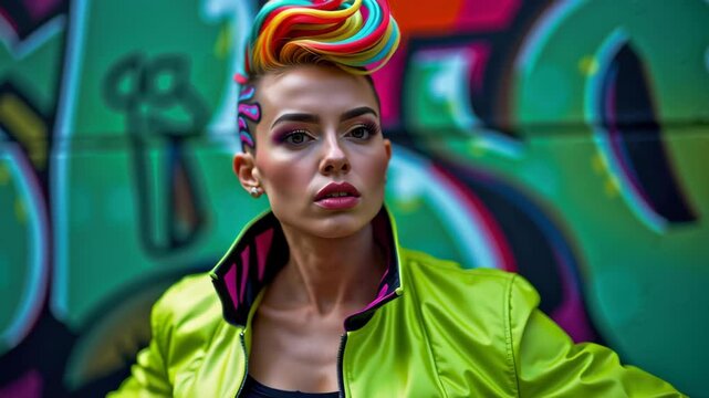 Modern woman with vibrant mohawk hairstyle, neon makeup, and bold jacket stands confidently against colorful graffiti wall, showcasing urban street