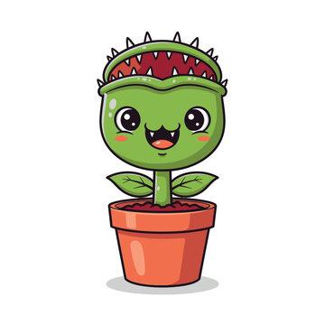 Cute cartoon Venus flytrap character illustration, a happy green carnivorous plant in a pot with a wide friendly smile and sharp teeth, ideal for playful nature designs