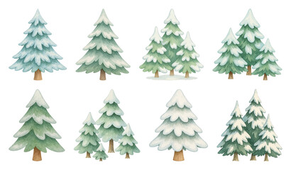 Fototapeta premium PNG Snowy watercolor evergreen tree collection, element set on transparent background