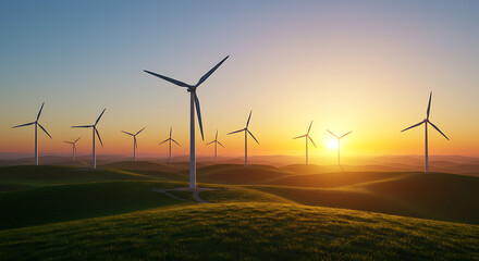 Wind turbines on green hills at sunset, golden light hitting blades, panoramic ultra-realistic composition, renewable energy landscape and sustainability technology concept