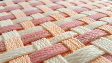 Soft pastel threads are beautifully woven together, forming an intricate basket weave pattern. Pink, peach, and cream colors create a gentle textile texture.