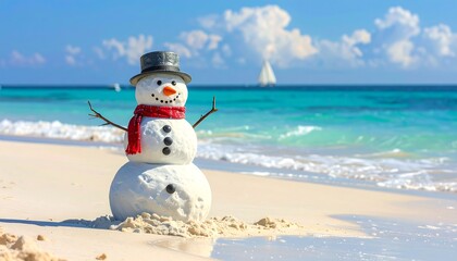 Coastal snowman on a tropical beach holiday scene